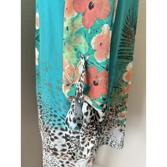 Soft Surroundings Women's Size XL Teal Tropical Print Roll Tab Sleeve Blouse - Picture 4 of 6
